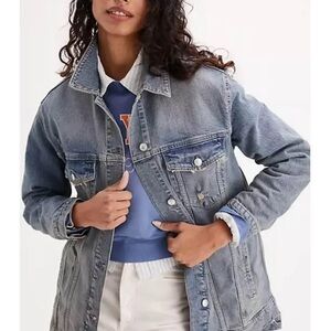 Free People We The Free Destroyed Long & Lean Trucker Jacket Denim LARGE